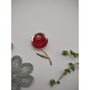 Vintage Lollipop Red Fluted Spinning Resin and Gold Tone Flower Brooch